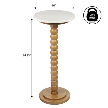 Monroe 24.25" Rustic Farmhouse Spindle Wood Drink Table and Decorative End Table with White Marble Round Top